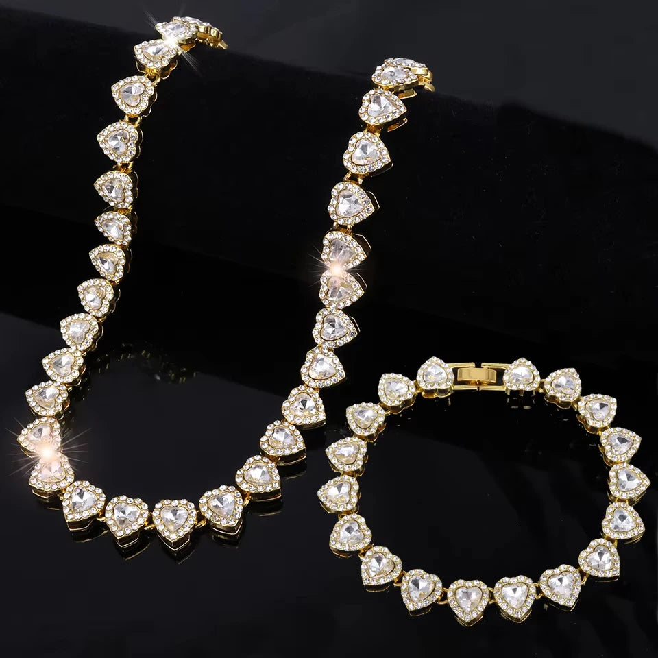 ZAKOL 45CM Nuovo Hip Hop Tennis Bracciale a catena Collana Cuore lucido Strass CZ Fashion Rock Party Set di gioielli
