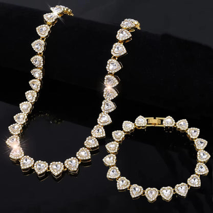 ZAKOL 45CM Nuovo Hip Hop Tennis Bracciale a catena Collana Cuore lucido Strass CZ Fashion Rock Party Set di gioielli