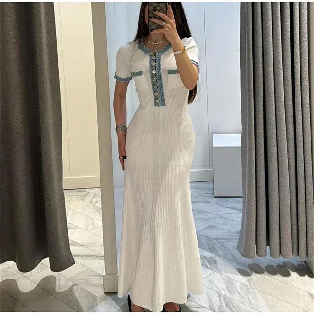 Abito lungo elegante in maglia da donna a contrasto Chic O-collo manica corta Bottoni in metallo Abiti aderenti Abito da pendolarismo da donna da ufficio