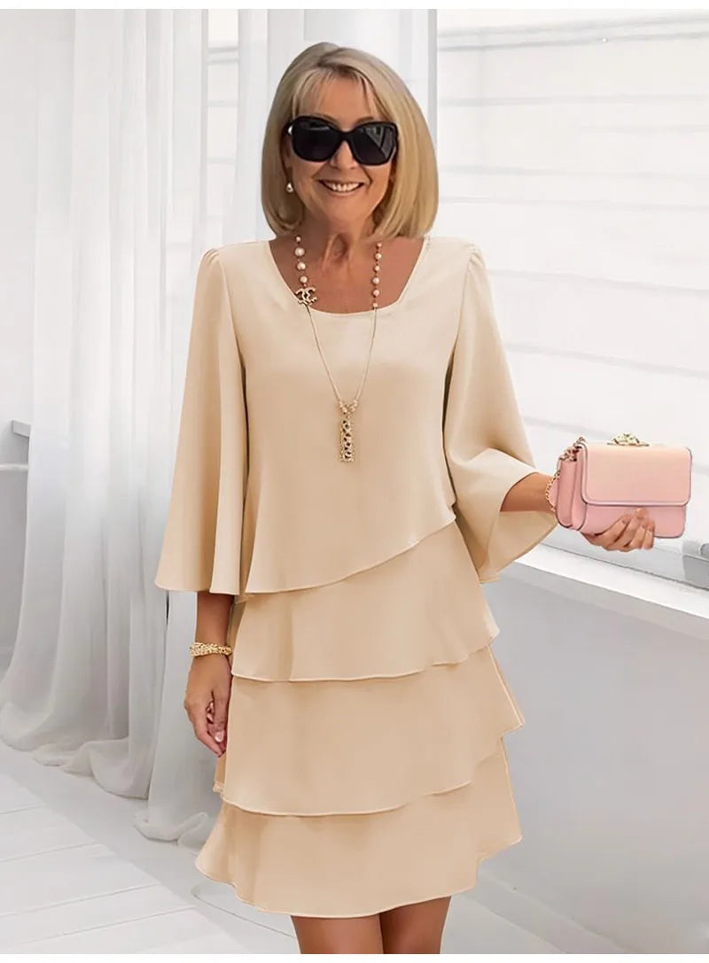 Abito longuette casual con volant Donna 2025 Abiti estivi con scollo a tinta unita moda estiva eleganti