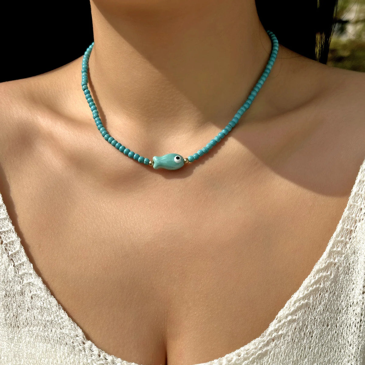 Collana con ciondolo stella marina con perline di riso bohémien per donna, fatta a mano, perla d'imitazione, girocollo con perline colorate, gioielli da spiaggia estiva