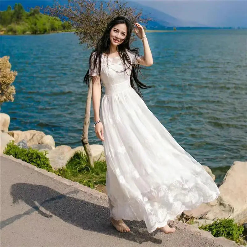Abito femminile lungo bianco ricamo maxi compleanno manica da donna abiti in pizzo casual gioventù sensuale sexy curvy designer intero