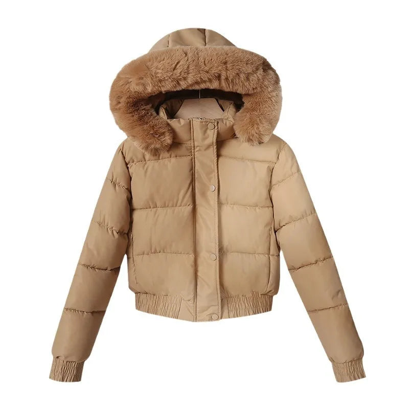Parka corti invernali da donna, abbigliamento imbottito in cotone, capi esterni più spessi con interno in velluto, cappotti con collo in pelliccia e cappuccio removibile, giacche calde.