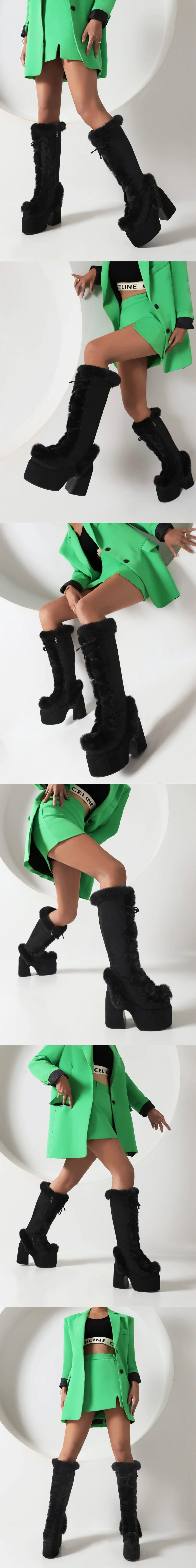 Big Size 46 Winter y2k Pink Knee High Boots Women White Chunky Platform Boots Gothic Black Faux Fur Block High Heels Boots Shoe