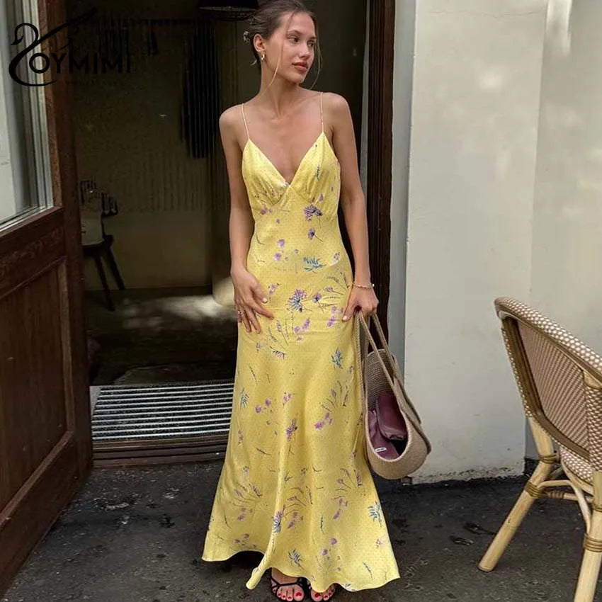 Oymimi Abito da donna casual con stampa gialla Elegante cinturino per spaghetti Abiti aperti sul retro Abito alla caviglia a vita alta moda autunnale