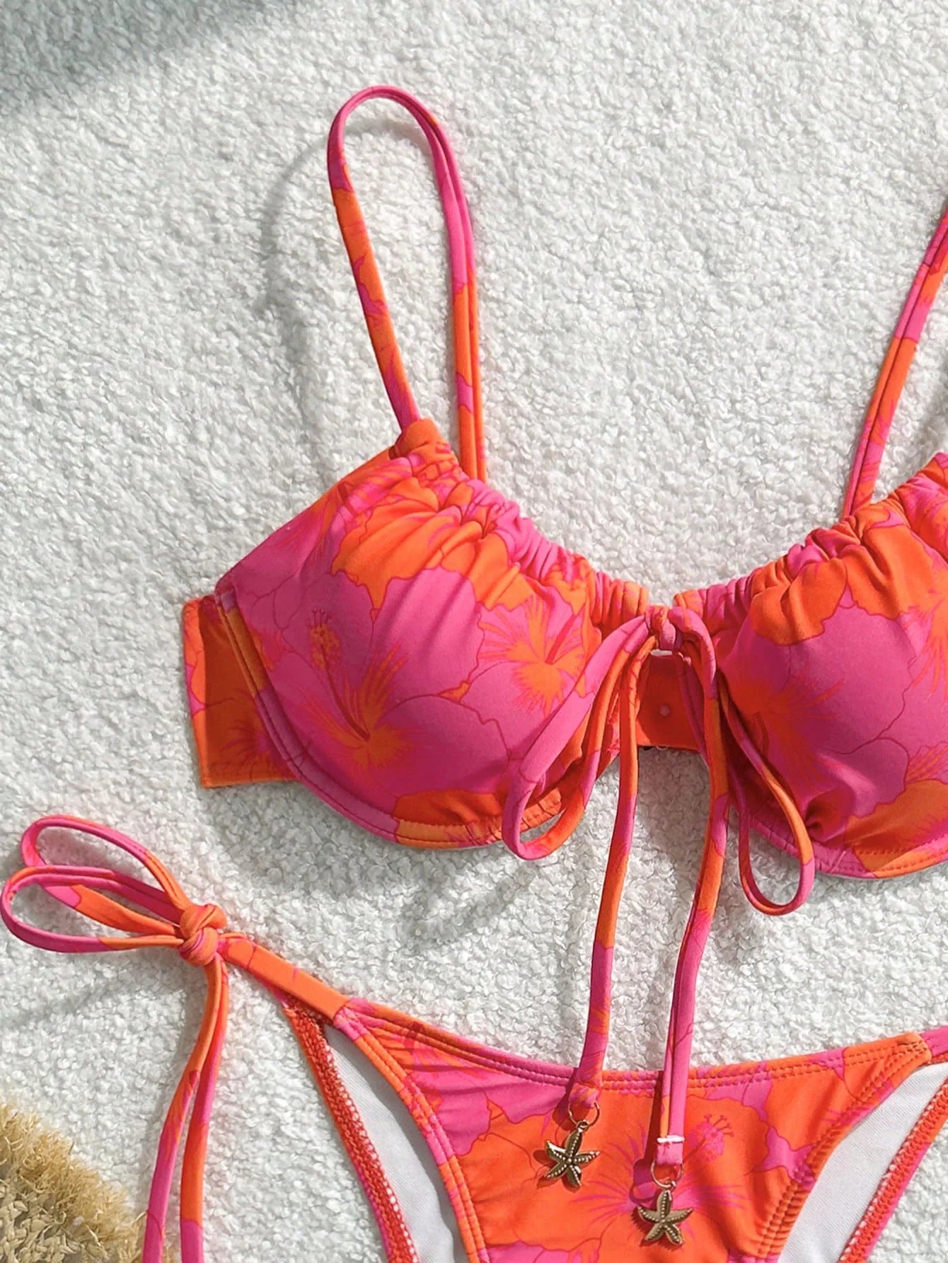Orange Pink Hibiscus Print Underwire Push Up Bikini Set Tie Side High Cut Starfish Charm 2 Piece Swimsuit Women Summer Beachwear