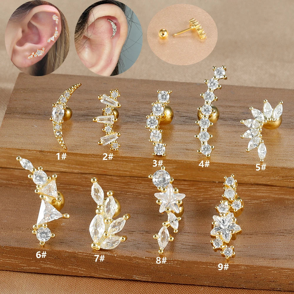 1PC 316L Geometria dell'acciaio inossidabile Orecchini con perno per le donne Moda Star Moon Lobe Daith Helix Cartilagine Orecchino Gioielli penetranti