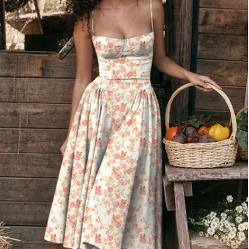 2024 Estate Sexy Della Cinghia di Spaghetti Abiti Lunghi Sottile Francese Vintage Elegantes Stile Della Bretella Vestito Da Partito Abiti Robes Longues