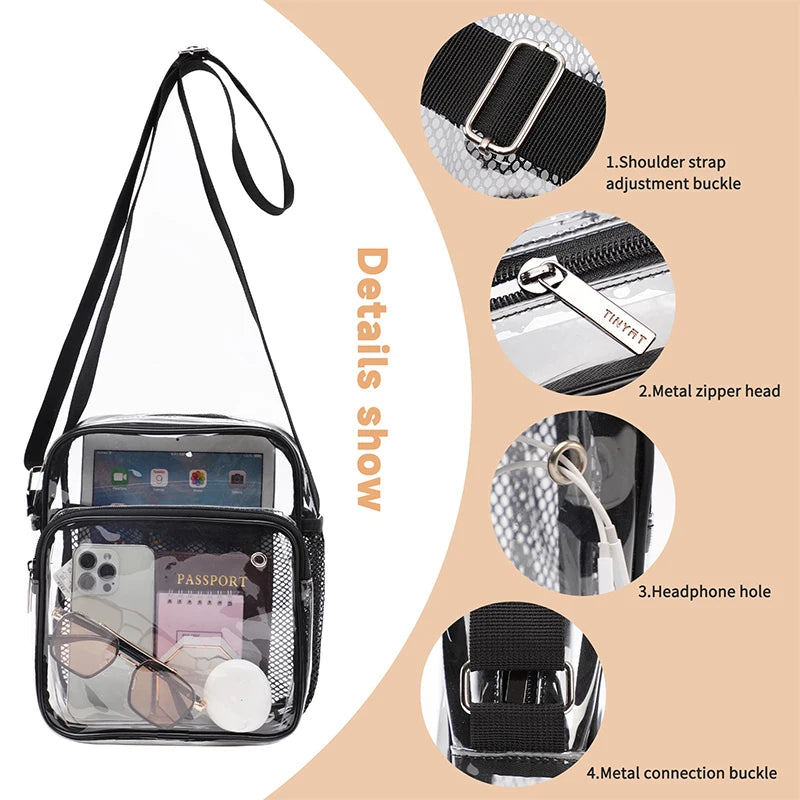 TINYAT Borse da donna in PVC trasparente impermeabile con cinturino in rete leggera Metti per cuffie perse Jack Ombrello per cellulare iPad da 9,7 pollici