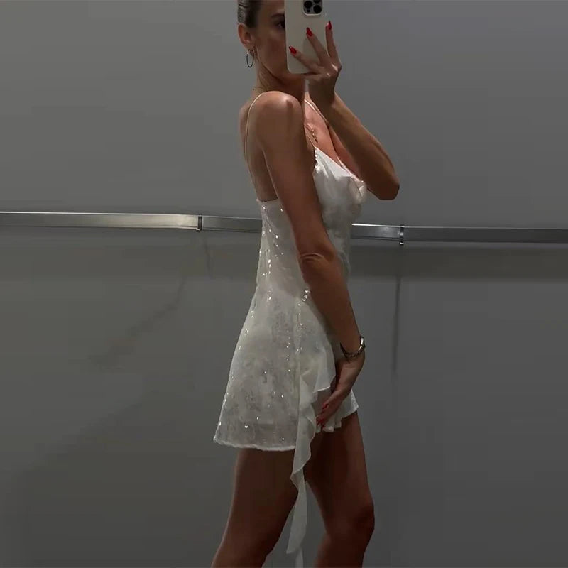 Sexy paillettes volant mini abito fionda donna solido scollo a V senza maniche backless abiti a trapezio 2025 estate signora chic abiti da festa