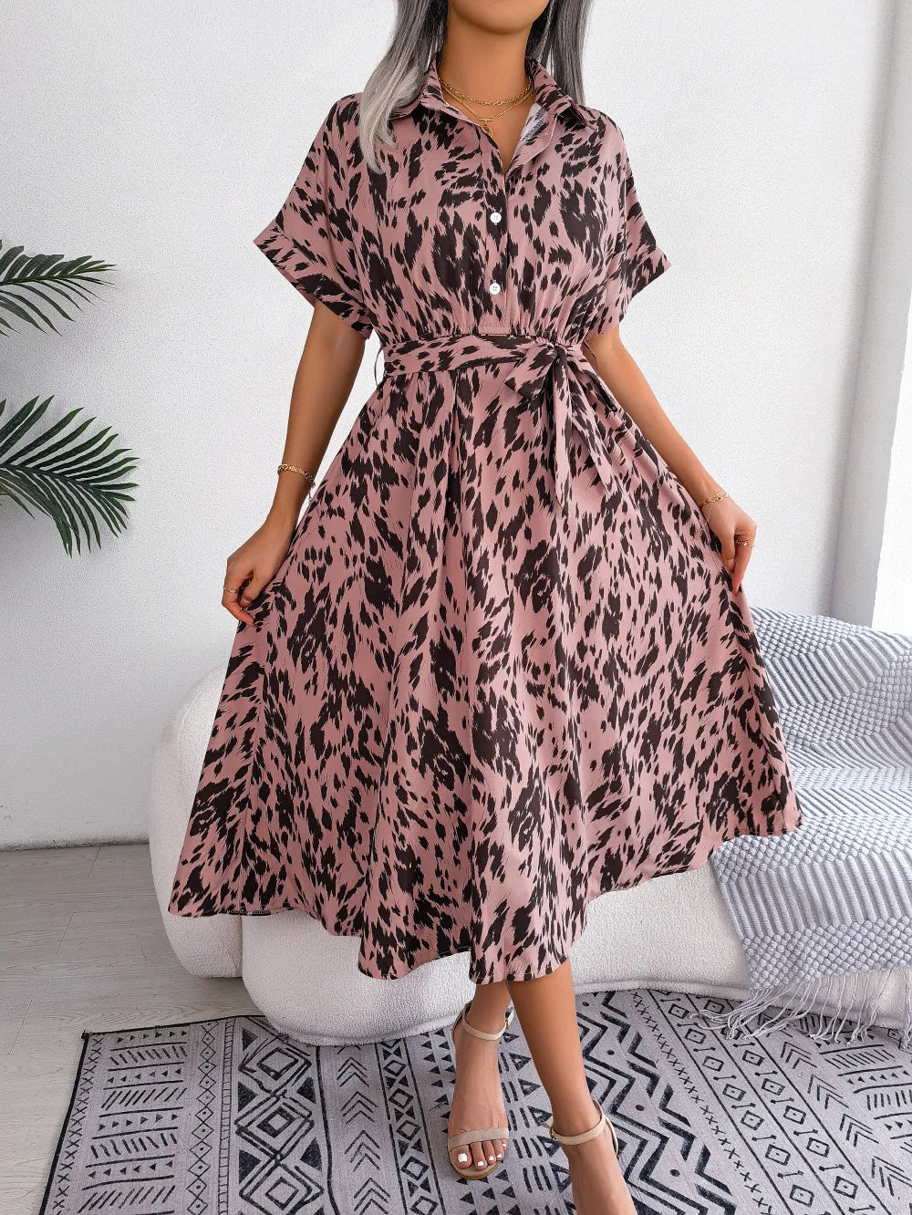 Ficusrong donna estate Casual allentato leopardo Lace Up camicia vestito per le signore moda tutti abbinati abiti Chic