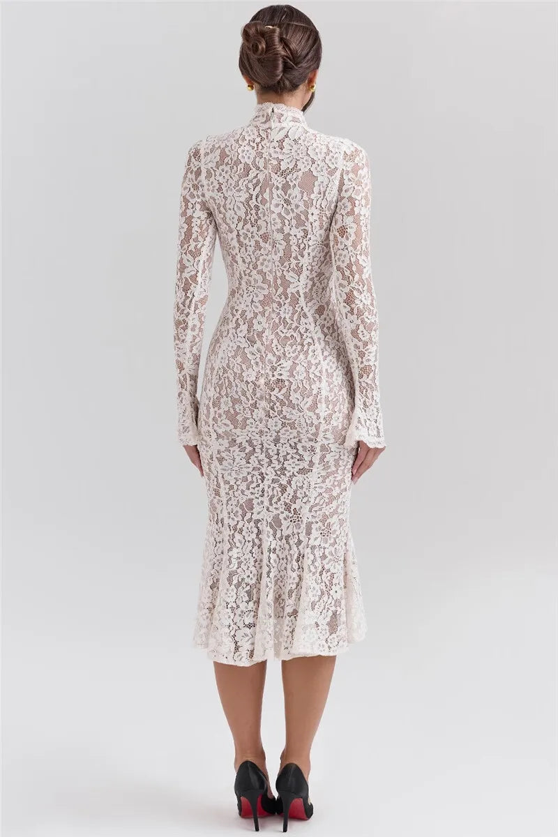 Abito longuette sexy a maniche lunghe in pizzo Mozision per donna Elegante abito lungo sexy da festa aderente a vita alta con collo a metà alto bianco