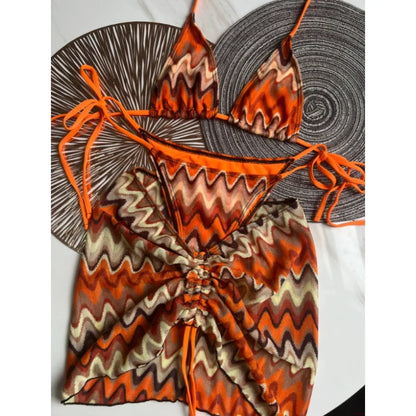Costume da bagno estivo da donna nuovo, bikini lavorato a maglia in 3 pezzi con costumi da bagno con copertura avvolgente e scollo all'americana per le vacanze al mare
