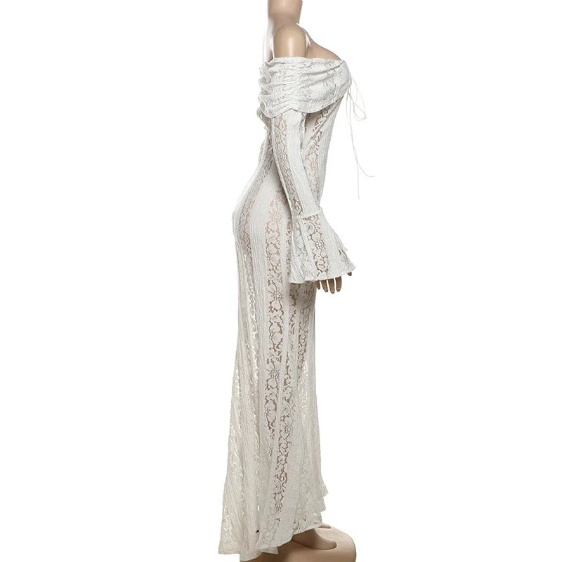 Abito lungo da donna elegante con maniche svasate con lacci Moda scava fuori con spalle scoperte Abiti aderenti 2024 Lady New Beach Partywear