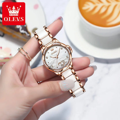 OLEVS 6631 Orologi automatici da donna Eleganti orologi da polso meccanici da donna impermeabili con cinturino in ceramica color oro rosa e lunetta con diamanti