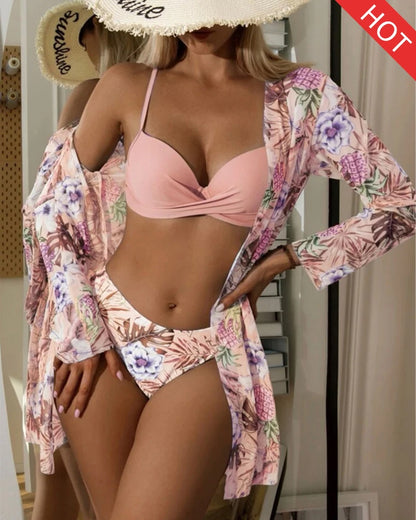 Ensemble bikini floral sexy push-up femme 2023 maillot de bain trois pièces manches longues cache-maillot brésilien vêtement de plage costume de bain