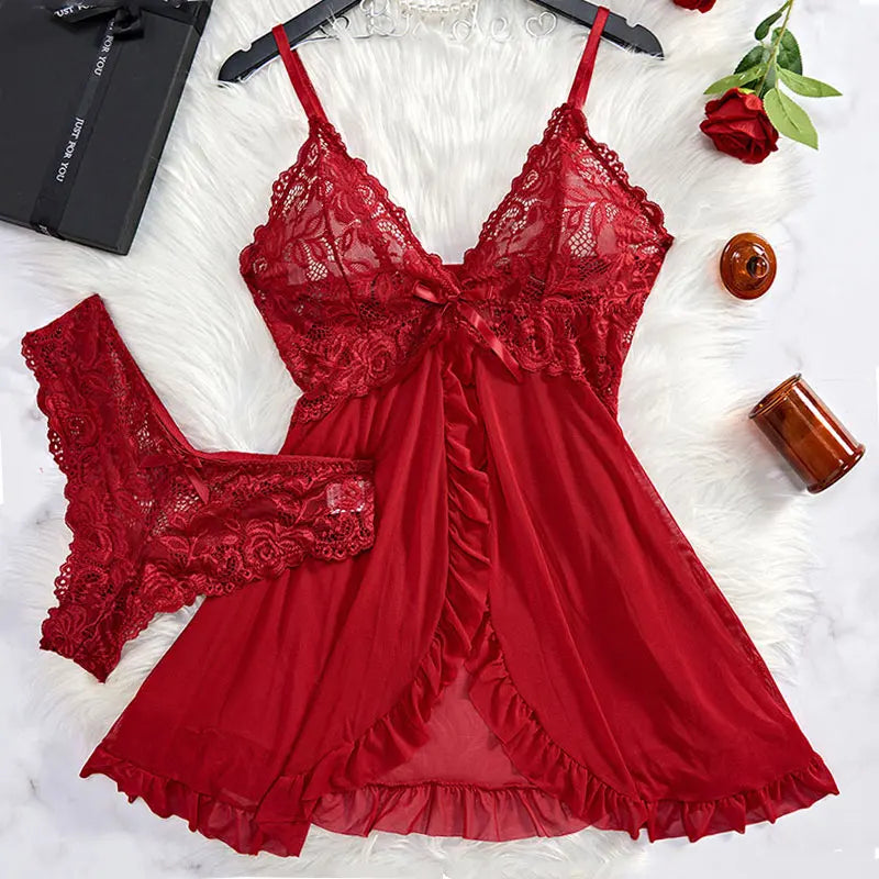 Pigiama lingerie erotica push up in pizzo a V profondo Set pigiama estivo sottile donna camicia da notte abito da notte caldo reggiseno sexy taglie forti perizoma da notte