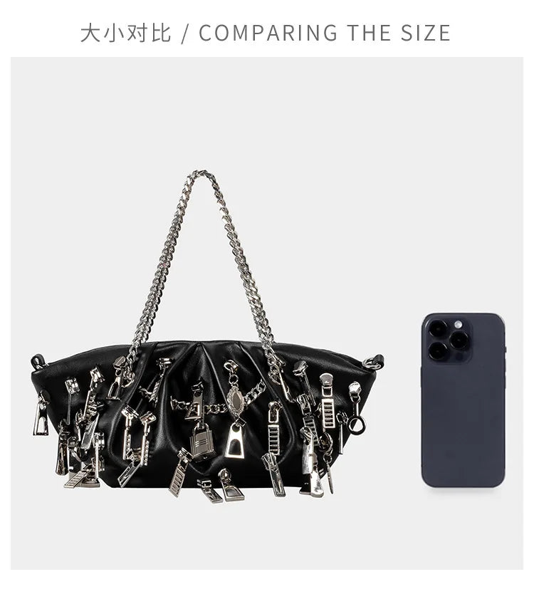 Borsa per ascelle con gnocchi increspato stile punk 2025 Borse a tracolla da donna con decorazione per la testa con cerniera multipla Borse Y2K per ragazza piccante