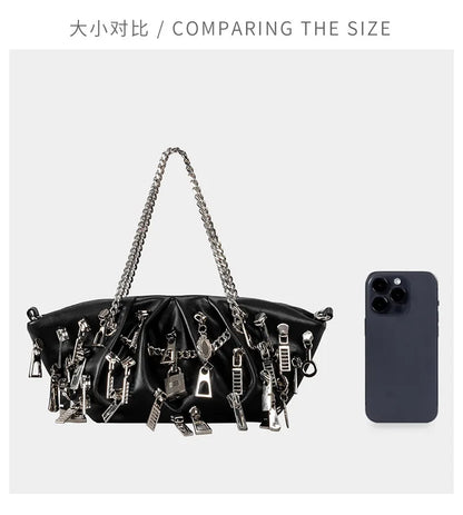 Borsa per ascelle con gnocchi increspato stile punk 2025 Borse a tracolla da donna con decorazione per la testa con cerniera multipla Borse Y2K per ragazza piccante
