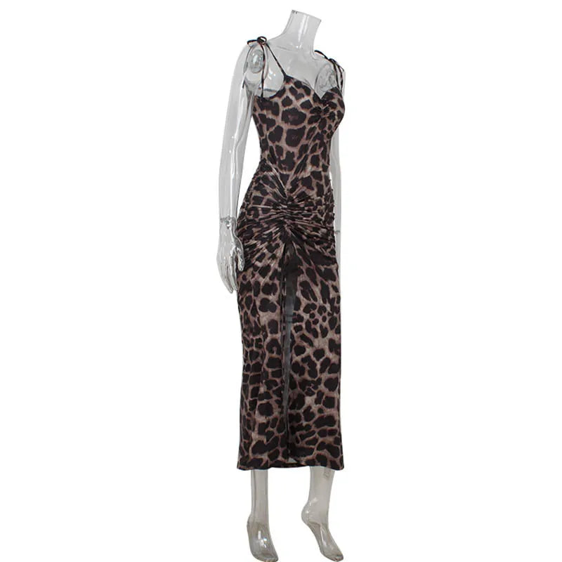 Abiti stampati leopardati per le donne Moda Partywear sexy Spaghetti High Side Split scollo a V Slim Fit senza maniche Abiti lunghi Robe