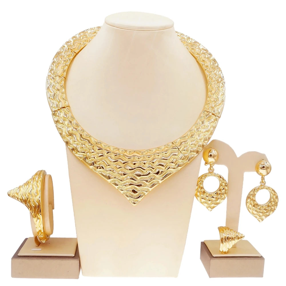 Ensemble de bijoux pour femme Italie Dubaï Plaqué or Collier rond Boucles d'oreilles style simple Bracelet Cadeau femme Bijoux