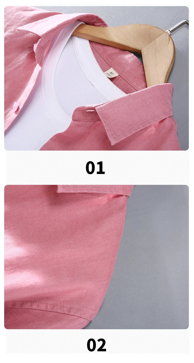 Camicia a maniche lunghe in lino 100% per uomo Primavera Autunno Moda Buona qualità Tinta unita Sottile e traspirante Camicetta con risvolto sano Top maschile