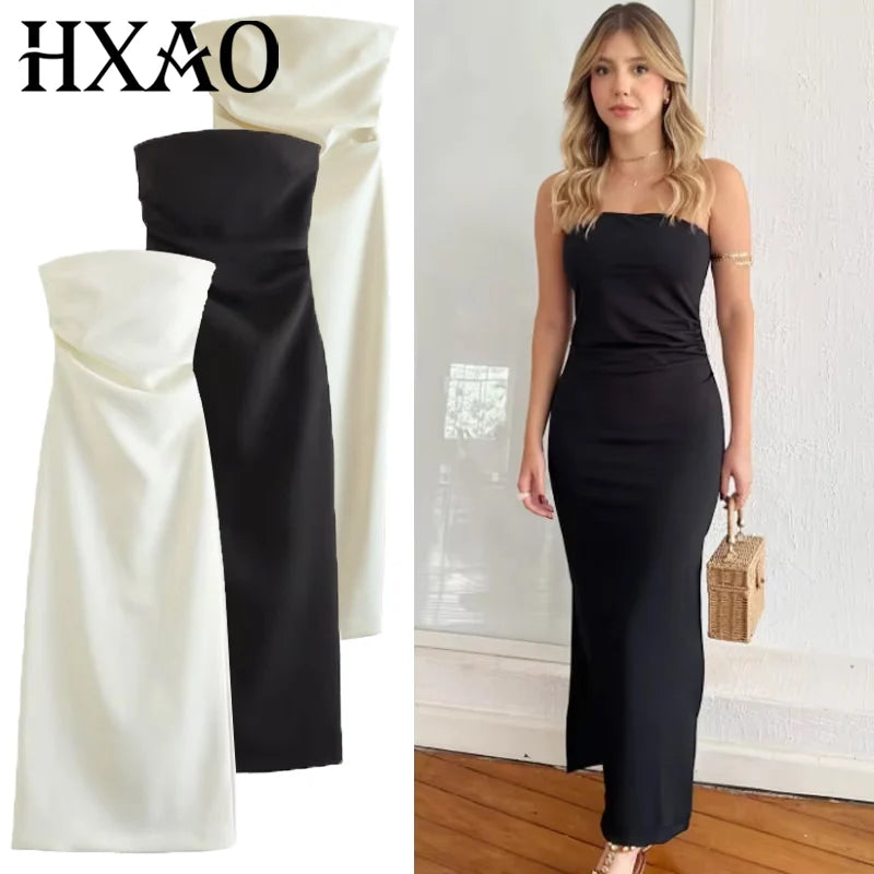 HXAO 2025 Abiti senza spalline da donna Estate Off White Nero Abito bianco Midi Increspato con spalle scoperte Abito senza schienale Abiti da ballo 066