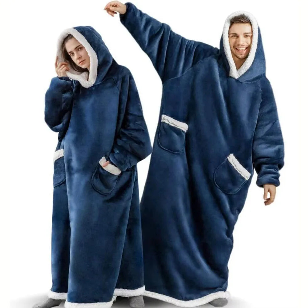 Accappatoio invernale da donna in flanella, extra lungo, con cappuccio e tasche verticali, coperta morbida e foderata in pile, ideale per rilassarsi davanti alla TV.