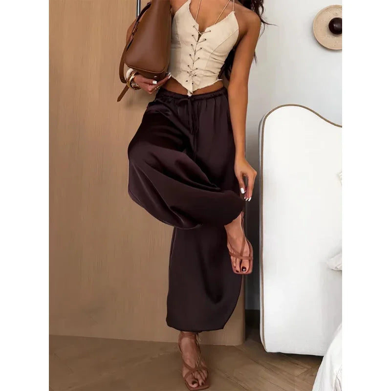 Pantaloni Harem Larghi in Raso Drappeggiato Tinta Unita 2026 con Elastico in Vita e Coulisse, Modellanti, Versatili per Uscite e Pendolarismo, Lunghi Casual