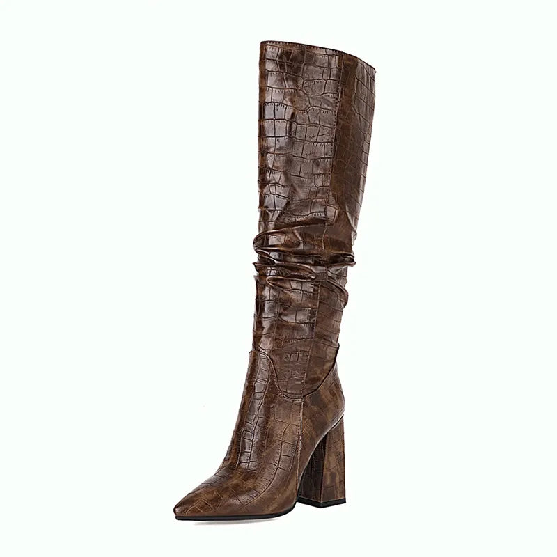 Western Cowboy Boots for Women Winter Footwear Shoes Square Heels Quality Knee High Boot Female Snake Leather Large Size 45 48