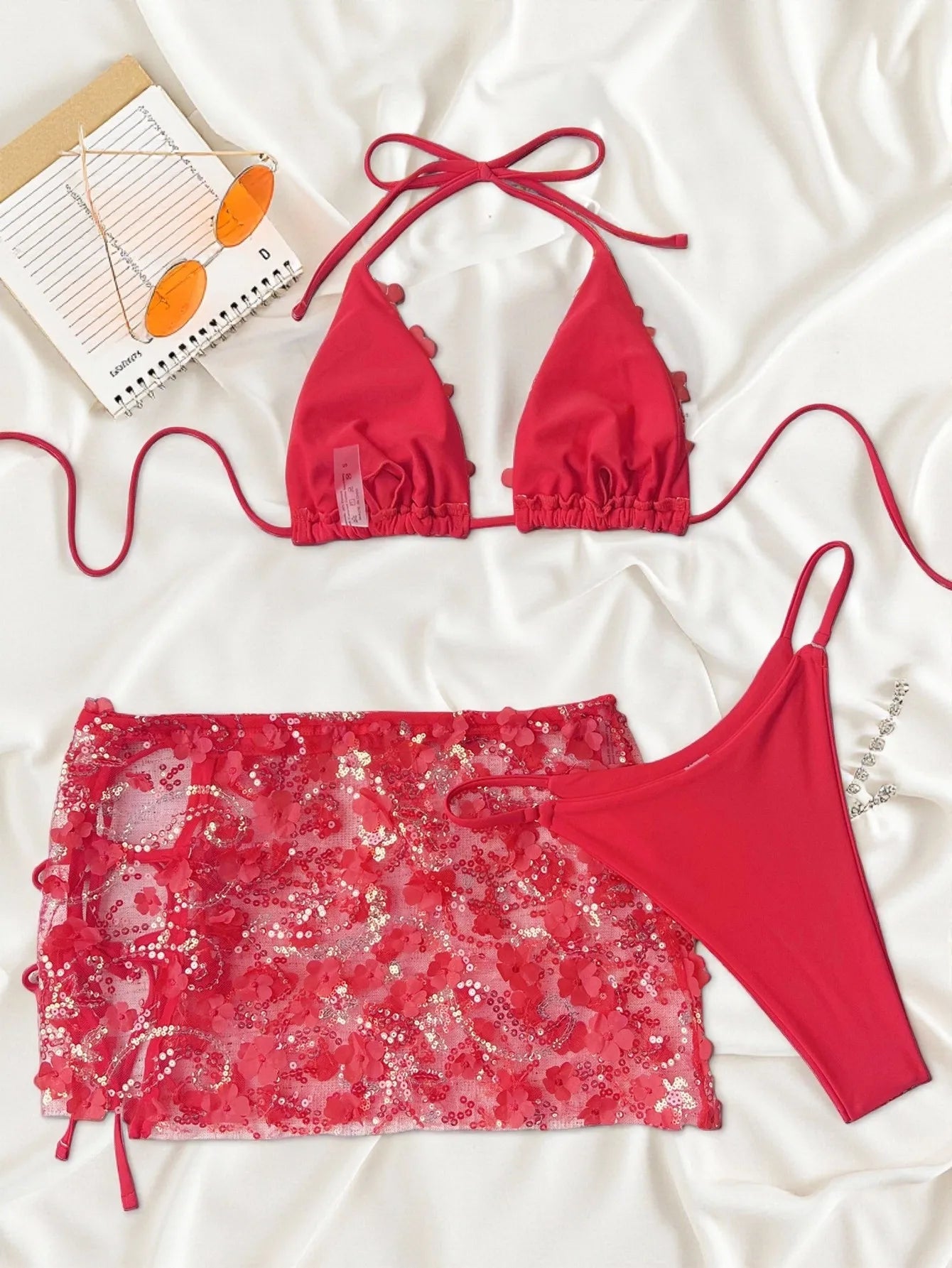 Costume da bagno a 3 pezzi con gonna in rete rosa con paillettes, reggiseno push-up e perizoma, stile brasiliano, per donna, ideale per le vacanze.