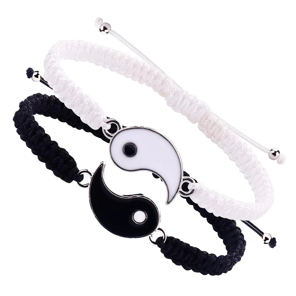 1 set di 2 semplici braccialetti di regolazione telescopica intrecciata in corda Yin e Yang in bianco e nero Tai Chi Bagua per uomini e donne