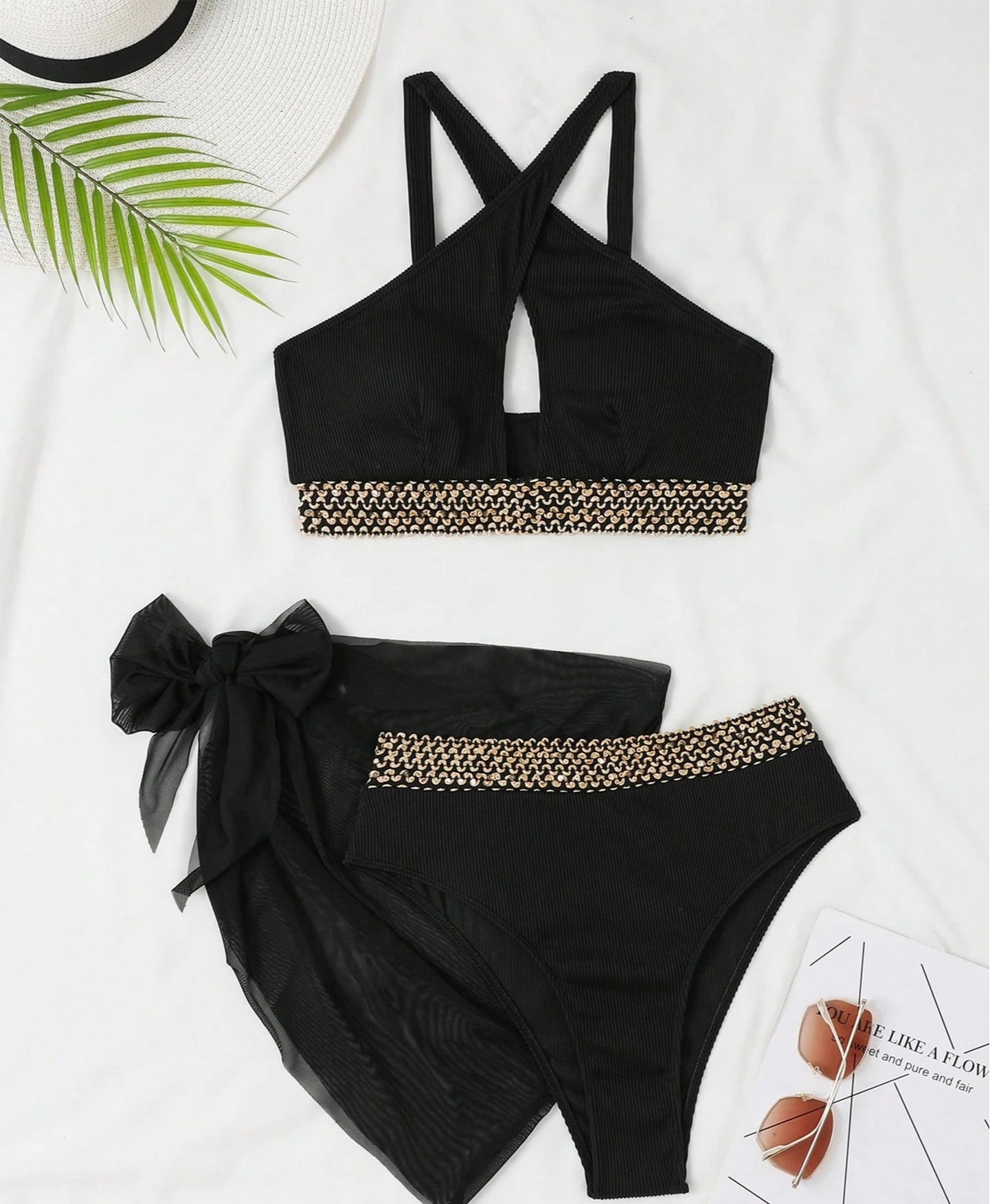 New Sexy Bikini Three Piece Women's Swimsuit with Cover Skirt Cross Suspender Swimsuit Close Fitting High Waist Vacation Bikini