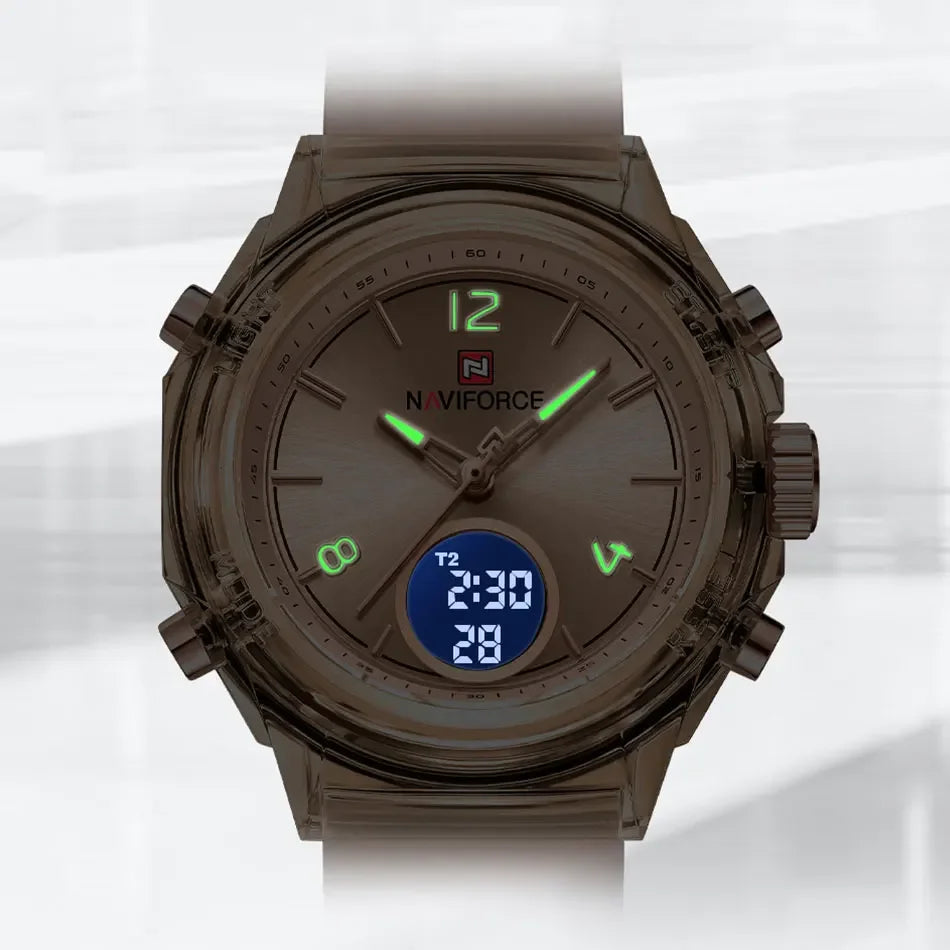 NAVIFORCE Orologio da donna di lusso Orologio sportivo all'aria aperta in oro Orologi impermeabili Doppio display dell'ora Orologi da polso al quarzo Orologio digitale in gomma