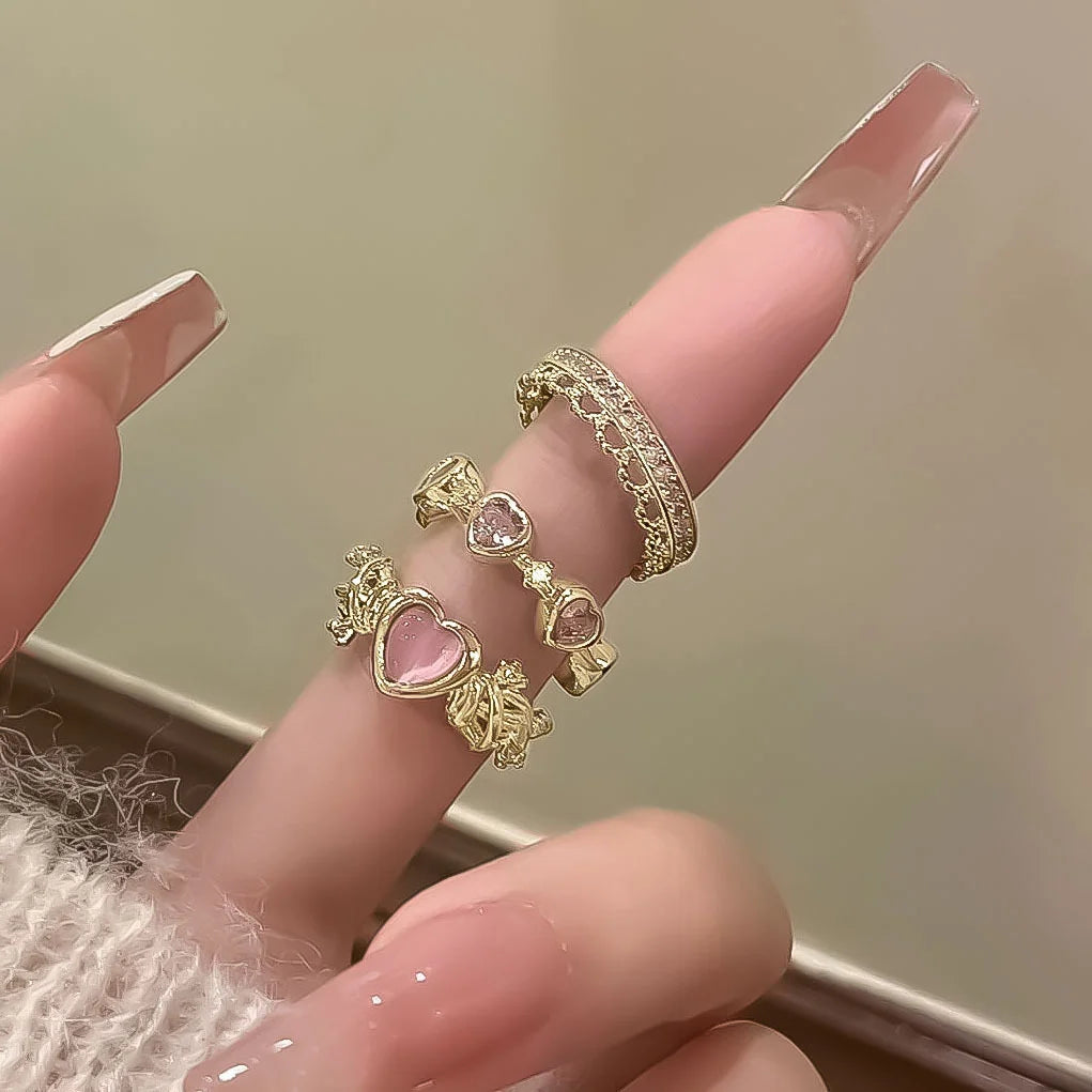 Set da 3 pezzi Anelli a forma di cuore d'amore per donne Ragazze Luce di lusso dolce strass Anello di apertura Regali di gioielli per feste di nozze di moda