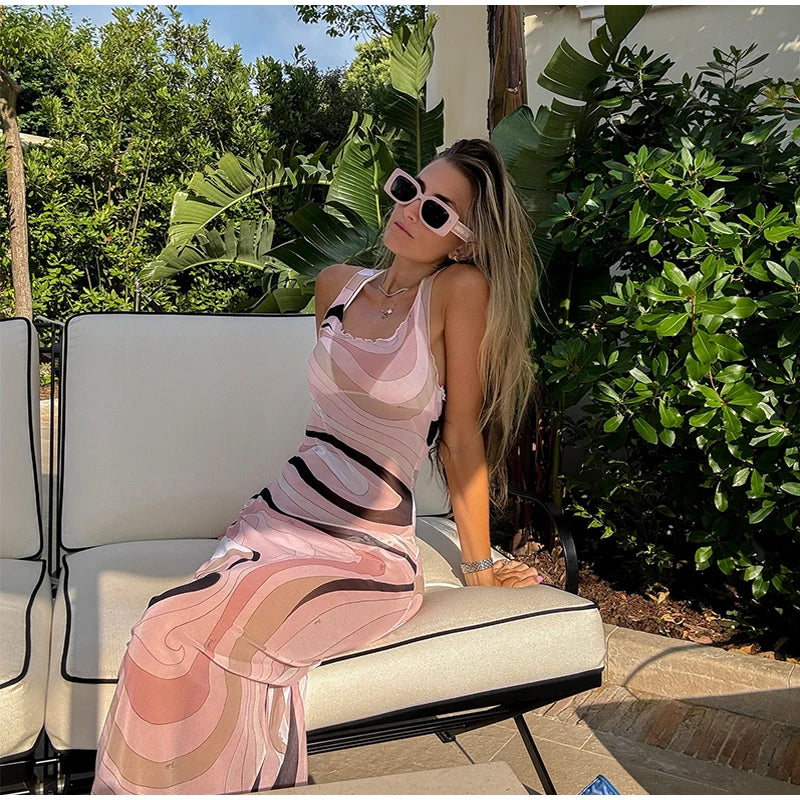 Abito lungo aderente aderente in rete trasparente da donna sexy Stampa chic senza maniche Slim Fit Abiti lunghi per le vacanze al mare Abito femminile quotidiano casual