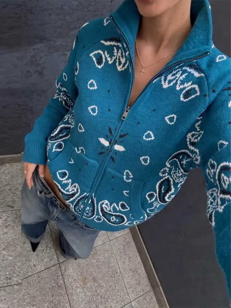 Giacca in maglia con stampa paisley per donna, colletto alto, maniche raglan, chiusura a zip, tasca frontale, cardigan autunnale 2026, giacca retrò ampia.