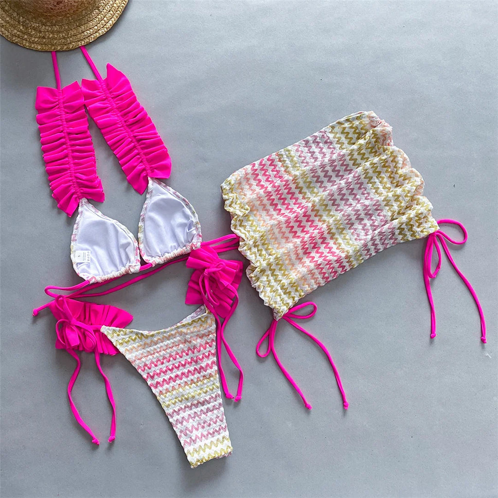 Con gonna Waved Ruffled Bikini con volant costume da bagno femminile costumi da bagno donna tre pezzi Bikini set bagnante costume da bagno Swim V5235