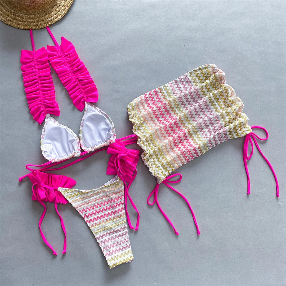 Con gonna Waved Ruffled Bikini con volant costume da bagno femminile costumi da bagno donna tre pezzi Bikini set bagnante costume da bagno Swim V5235