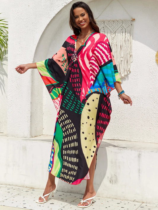 Abiti caftano da donna con stampa floreale taglie forti Costume da bagno taglie forti Copricostume estivo Abito da spiaggia caftano loungewear