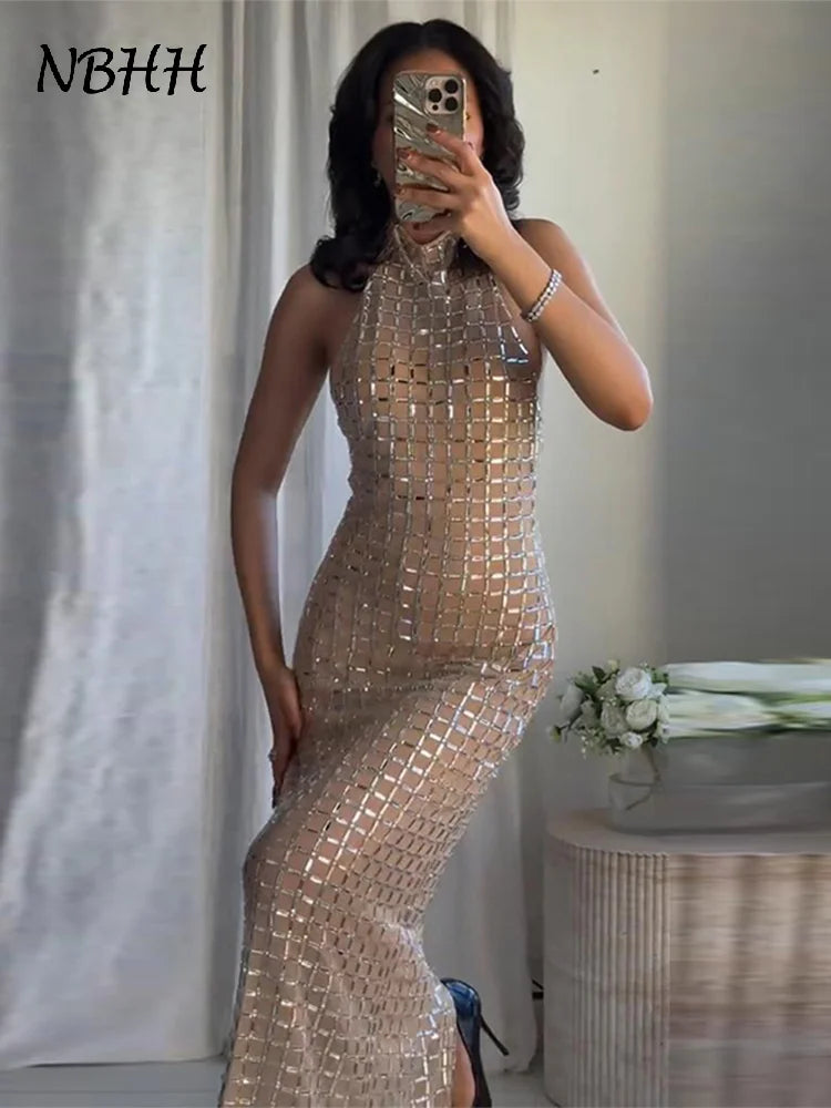 Diamanti di lusso Halter Abito lungo da donna Sexy Slim senza maniche Backless Split Abiti da festa 2026 Primavera Estate Lady Abiti da sera