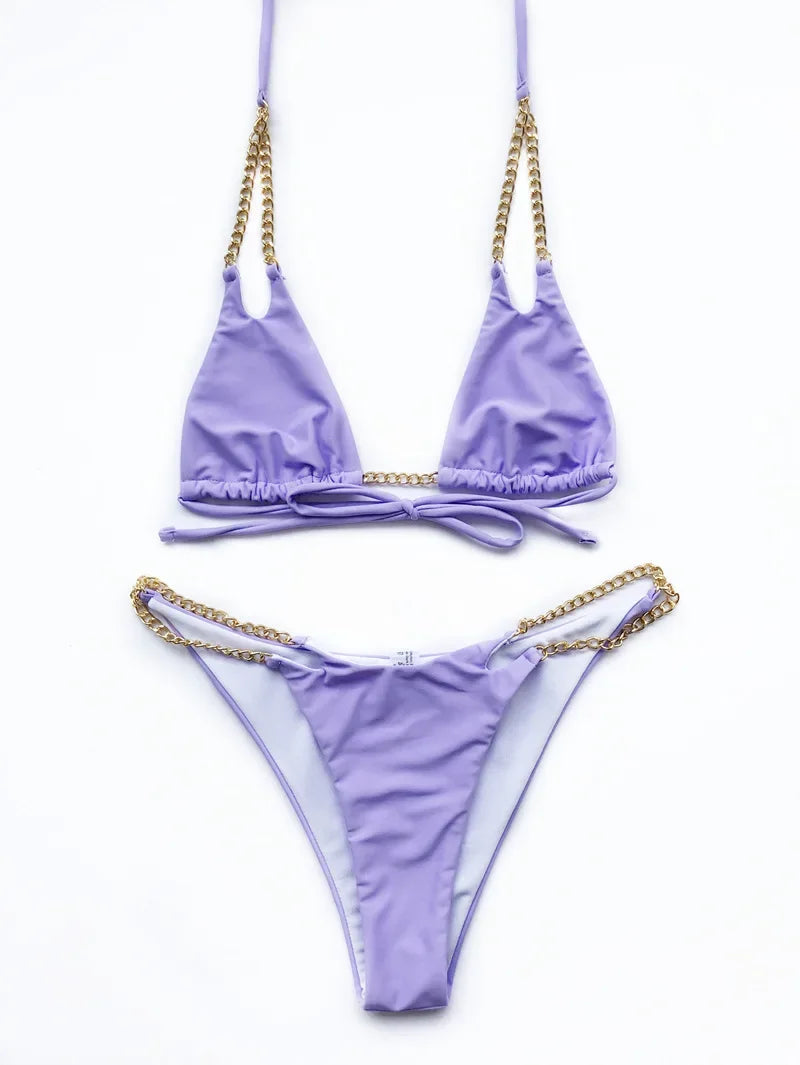 Micro Bikini Sexy 2026 Nero Solido con Reggiseno Push-Up e Cinghie Metalliche, Costume da Bagno Brasiliano, Perizoma, Biquini