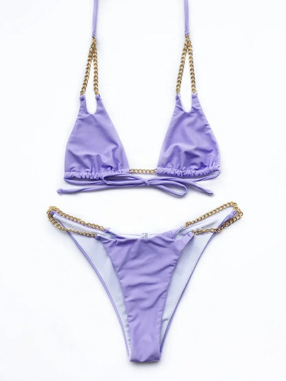 Micro Bikini Sexy 2026 Nero Solido con Reggiseno Push-Up e Cinghie Metalliche, Costume da Bagno Brasiliano, Perizoma, Biquini