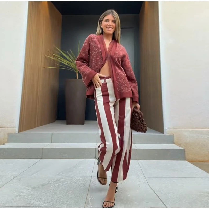 Jeans da Donna a Righe Stile Street Fashion con Cerniera, Bottone e Tasche, Gamba Larga, Pantaloni in Denim Chic Primavera Estate 2026