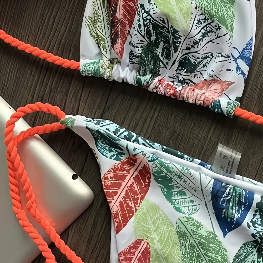 Rope tied bikini women's split swimsuit sexy 2-piece set with triangular leaf print beach swimsuit summer 2026
