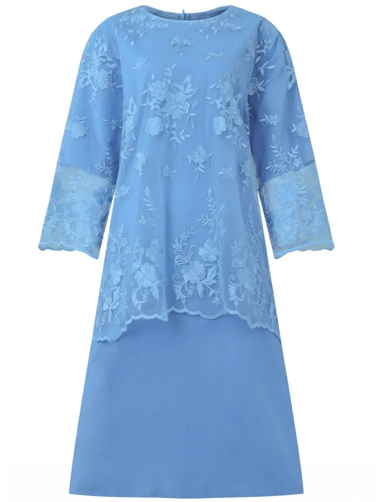 Set da 2 pezzi 2023 primavera autunno abiti Vintage in pizzo floreale Oversize 4XL 5XL donna elegante O collo Party Midi Dress Vestidos