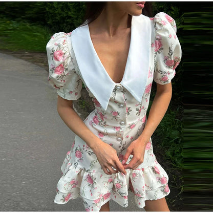 Mini abito con stampa casual Lady Summer Slim bottoni con risvolto Abiti a strati a trapezio Donna Manica corta Abito da vacanza Festa femminile Dolce