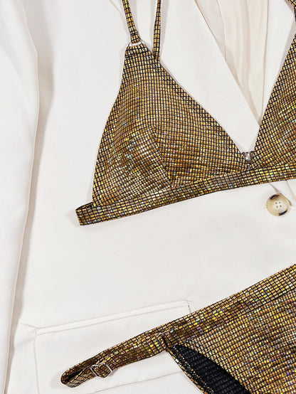 Costume da bagno donna oro glitterato 2026, bikini lucido due pezzi sexy con scollo a V, costume da bagno a vita alta senza schienale XMC185W