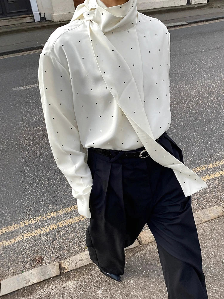 Eleganti Camicette da Donna con Sciarpa a Pois, Camicie a Maniche Lunghe e Vestibilità Ampia, Nuove Camicette Casual da Ufficio per il 2026, Top da Donna in Bianco, Nero e Marrone