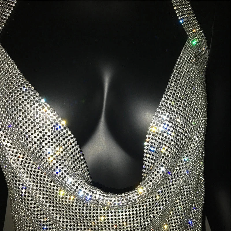 Mini abito sexy con scollo a V senza schienale per le donne Abiti da sera da club per feste con strass lucidi con scollo all'americana e spacco laterale